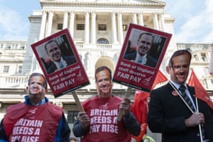 On Tursday, members of the Unite union wore masks depicting Mark Carney at the start of a three-day strike over low pay.