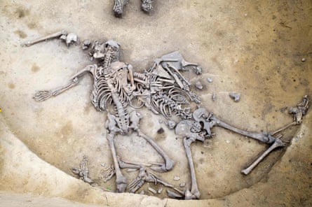 The fossilised skeletons of two men with numerous fractured bones.
