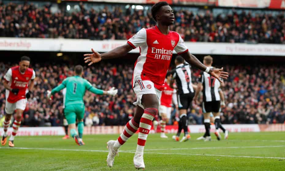 Arsenal’s Bukayo Saka reacts after scoring to break the deadlock against Newcastle