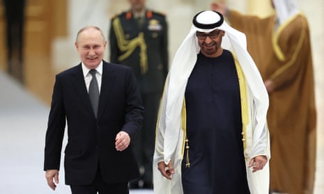 Russian president, Vladimir Putin, and UAE president, Sheikh Mohamed bin Zayed Al Nahyan, attend a welcoming ceremony ahead of their talks in Abu Dhabi.