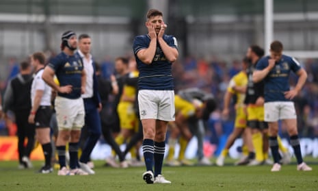 Ross Byrne of Leinster reacts after the team’s defeat during the Champions Cup Final match between Leinster Rugby and Stade Rochelais at Aviva Stadium.
