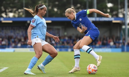 Deyna Castellanos (left) battles for possession with Magdalena Eriksson during Manchester City’s WSL game at Chelsea last month.
