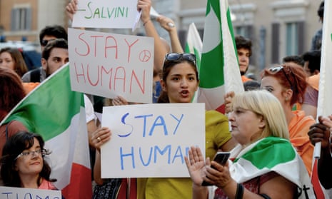 Protesters in Rome make their feelings clear after Matteo Salvini pledged to create a ‘register’ of Roma people.