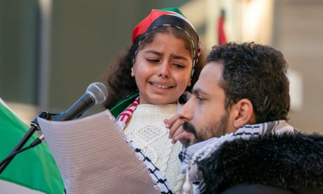 Jeewan Wadi, aged 8, from Gaza, speaks at a Scottish Palestine Solidarity Campaign demonstration in Glasgow. She is in tears.