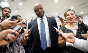 Republican senator from South Carolina Tim Scott is surrounded by reporters on Capitol Hill. Republicans had been pleading for ‘less drama’ from the White House.