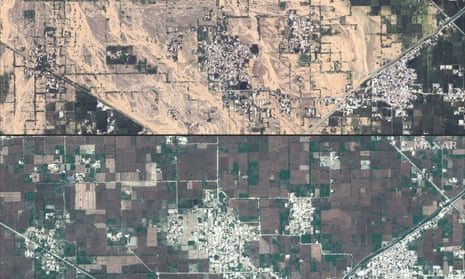 Satellite images released by Maxar Technologies shows  farmland after floodwaters arrived in Gudpur, Punjab province, Pakistan, top, and in April.