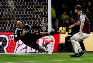 Watford’s Heurelho Gomes makes a save from a shot by West Ham’s Marko Arnautovic. Watford took control of the game and won 2-0 at Vicarage Road