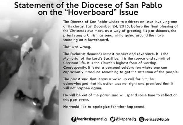A statement posted to Facebook by the Diocese of San Pablo, Laguna, Philippines, after one of its priests greeted parishioners while riding a hoverboard.