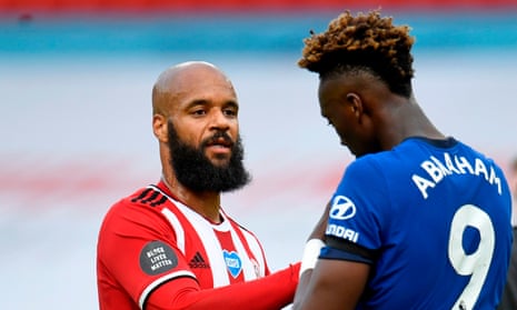 David McGoldrick (left) with Chelsea’s Tammy Abraham after Sheffield United’s 3-0 win at Bramall Lane. 