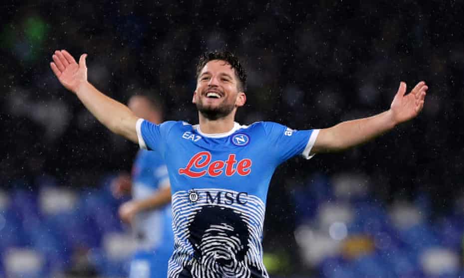 Dries Mertens, sporting a special shirt to mark the first anniversary of the death of former Napoli player Diego Maradona, celebrates scoring his side’s third goal against Lazio.