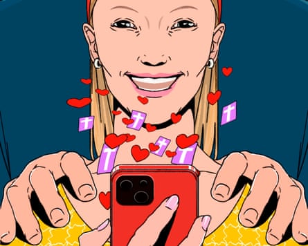 An illustration of a smiling woman with a man’s hands on her shoulders, surrounded by icons of crosses and looking at a smartphone, to illustrate the subtext found in the trad-wife movement