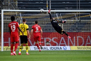 Dortmund’s Swiss goalkeeper Roman Bürki fails to keep out Joshua Kimmich’s delicious chipped finish.