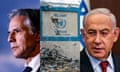 a side-by-side image of Antony Blinken, Unrwa's damaged headquarters, and Benjamin Netanyahu