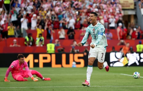 Cristiano Ronaldo #7 of Portugal celebrates after scoring his team’s first goal