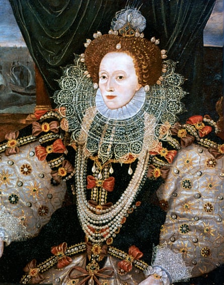 Elizabeth I, with her signature whitened face in a portrait by by George Gower, c1588.