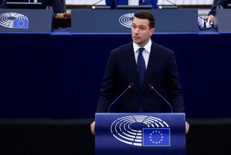 Jordan Bardella, president of the French far-right Rassemblement National, speaks after the State of the European Union address (SOTEU) in Strasbourg, France.