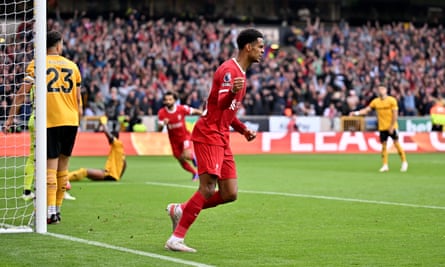 Cody Gakpo celebrates after scoring Liverpool’s equaliser at Wolves