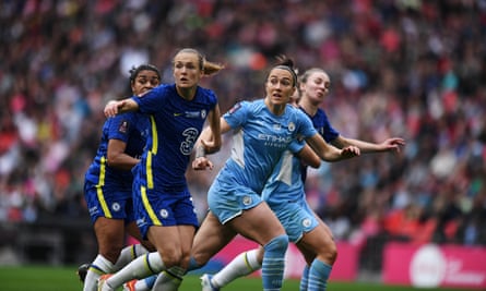 Manchester City’s Lucy Bronze causes problems for the Chelsea defence.
