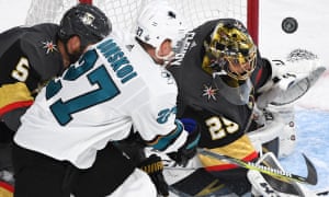 Goaltender Marc-Andre Fleury makes a save against San Jose Sharks.