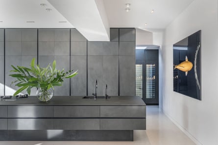 A modern-looking kitchen with a painting of a fish on the wall and a pot plant on a kitchen island