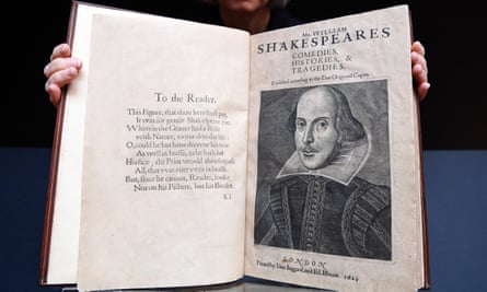 An engraving of William Shakespeare as it appears in file one dating from 1623, as offered at Christie's auction house in London, in January 2020.