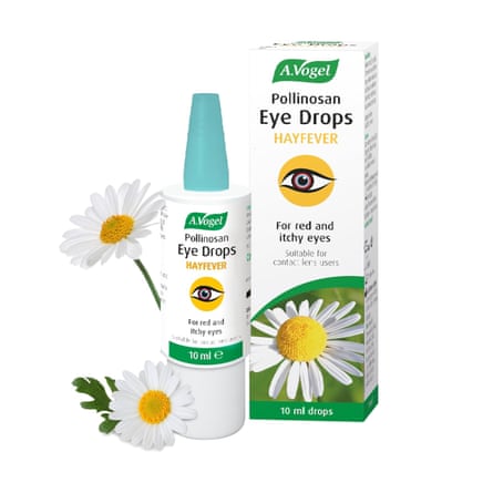 A bottle of A.Vogel Pollinosan hay fever Eye drops next to its box packaging. There are two white daisies on the left of the image.