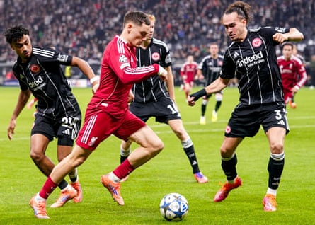 Liverpool’s Florian Wirtz takes on three Eintracht Frankfurt players during their Champions League tie