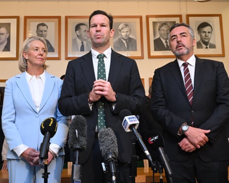 Newly elected s leader, Matt Canavan (centre), deputy leader, Darren Chester, and Senate leader, Bridget McKenzie speak at Parliament House.