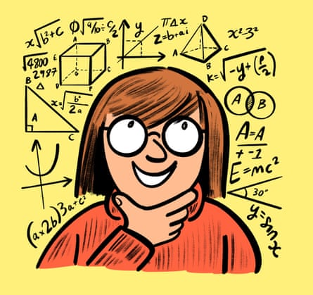 Illustration of a woman looking pleased, head surrounded by equations etc