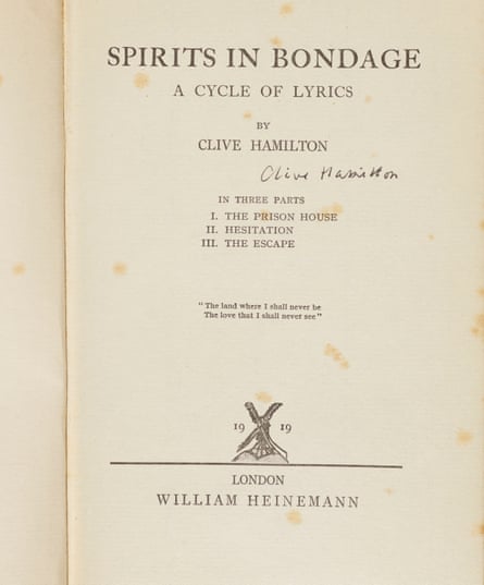 The title page of Clive Hamilton (pseudonym of CS Lewis), Spirits of Bondage, 1919, first edition, signed by the author