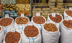 Bags of nuts for sale at a bulk food store in Trabzon.