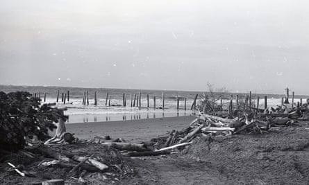 A black and white image of a beach. A makeshift fence of wood pilings joined by netting runs from the sand into the water.