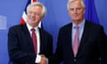 The European Union's chief Brexit negotiator Michael Barnier welcomes Britain's Secretary of State for Exiting the European Union David Davis ahead of their first day of talks in Brussels. Picture: Reuters