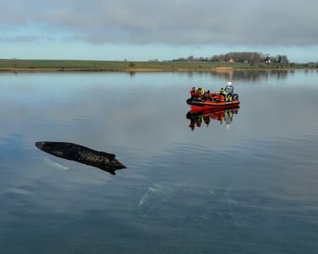 A few people in a small inflatable boat near a semi-submerged whale, whose back can be seen emerging from the water