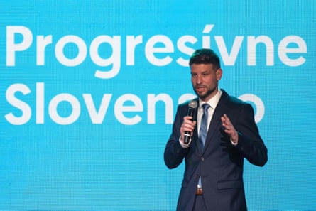 Progressive Slovakia Party leader Michal Šimečka addresses supporters at party headquarters.