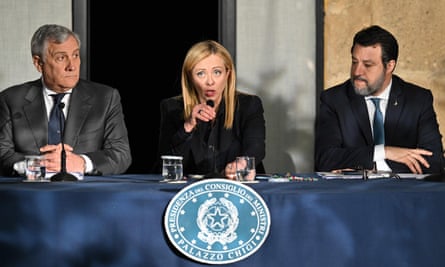 Giorgia Meloni and her deputy prime ministers Matteo Salvini, right, and Antonio Tajani
