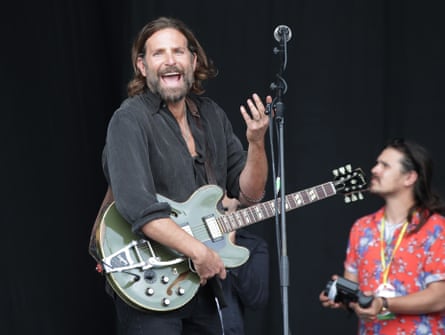 American actor Bradley Cooper filming scenes from A Star is Born on the Pyramid Stage, before Kris Kristofferson’s set
