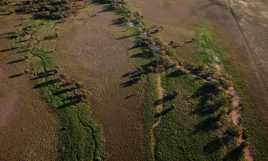 Aerial view of Connemara station, a cattle farm in the Channel country of south-west Queensland