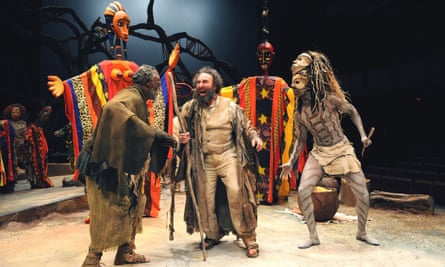 Antony Sher, centre, as Prospero, with John Kani, left, as Caliban, and Atandwa Kani as Ariel in the RSC’s The Tempest at the Courtyard Theatre, Stratford-upon-Avon, 2009.