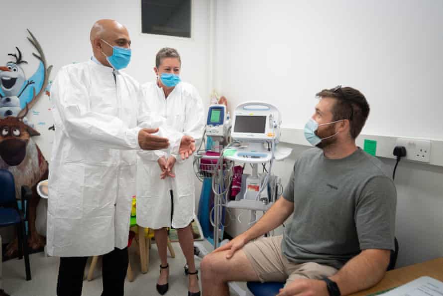 Sajid Javid on a visit to St George’s Clinical Research Facility in London following the announcement that the American pharmaceutical giant Moderna are to open a research and manufacturing centre in the UK.