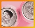 Close-up top view of two wet pink soda cans, one with its tab open