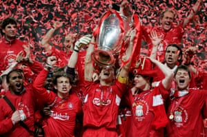 Liverpool’s captain, Steven Gerrard, lifts the European Cup.