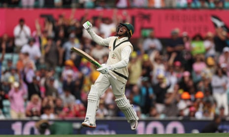 Usman Khawaja celebrates his century during day two of Australia’s third Test against South Africa at the SCG.