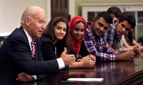 Vice President Joe Biden speaks to Iraqi high school students in the Eisenhower Executive Office Building on the White House complex in Washington, on August 19, 2014. The students are at the end of their four-week exchange to the United States as part of the Iraqi Young Leaders Exchange Program. 