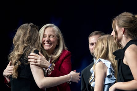 Virginia democratic gubernatorial candidate Abigail Spanberger embraces her daughter after speaking with supporters.