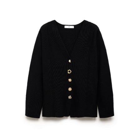 Mango Knitted jacket with jewel buttons. The jacket is black and the various buttons are gold.