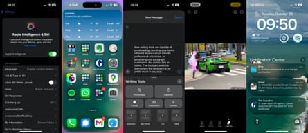 Captures d'écran des fonctionnalités Apple Intelligence depuis un iPhone 16 Pro.