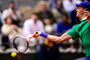 Jannik Sinner plays a forehand return to Alexander Bublik during their quarter-final