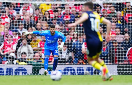 Golden Glove winner keeper David Raya keeps an eye on the ball as Bournemouth mount an attack against Arsenal.