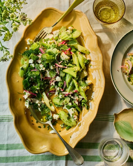 A plated salad of pickled celery, red onion and feta salad
